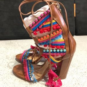 Schutz Pom Pom Lace Up Heels